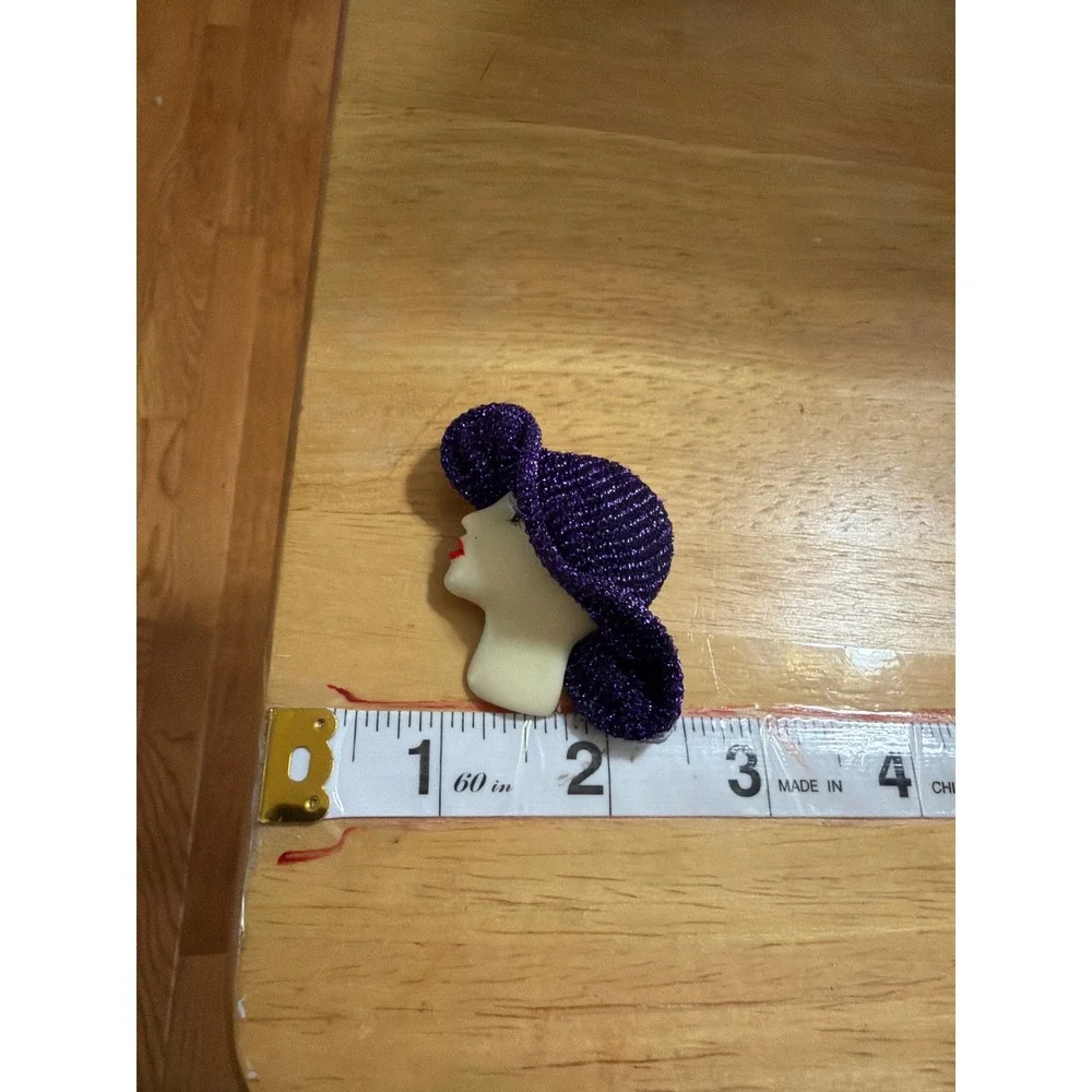 Vintage Style Lady Head Brooch Purple Glitter Hat Profile Pin Retro Glam